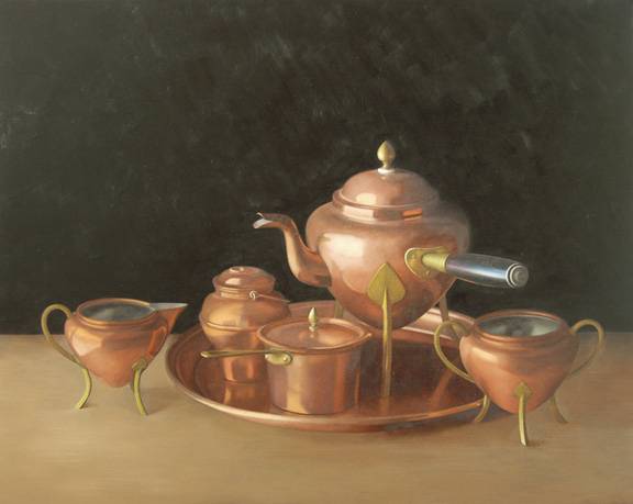 Still life painting of antique copper tea set