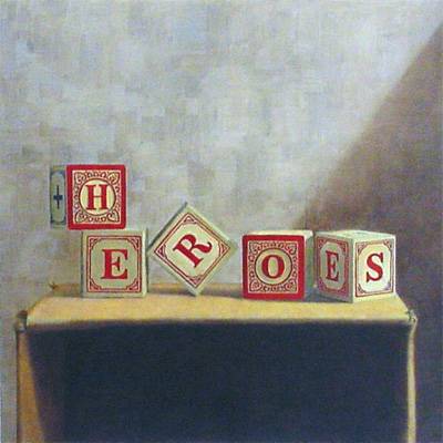 Still life painting on Multimedia Board; alphabet blocks spell "hereos"