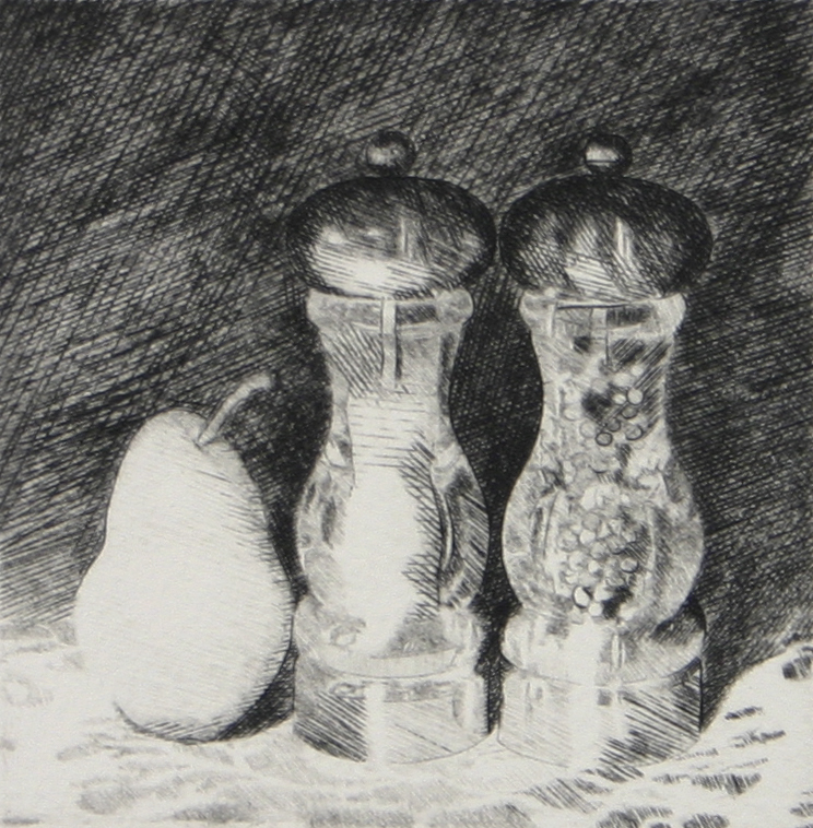 drypoint print of a pear, salt and pepper shakers