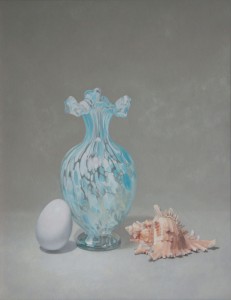 Still life painting of ruffle vase, shell and egg on canvas