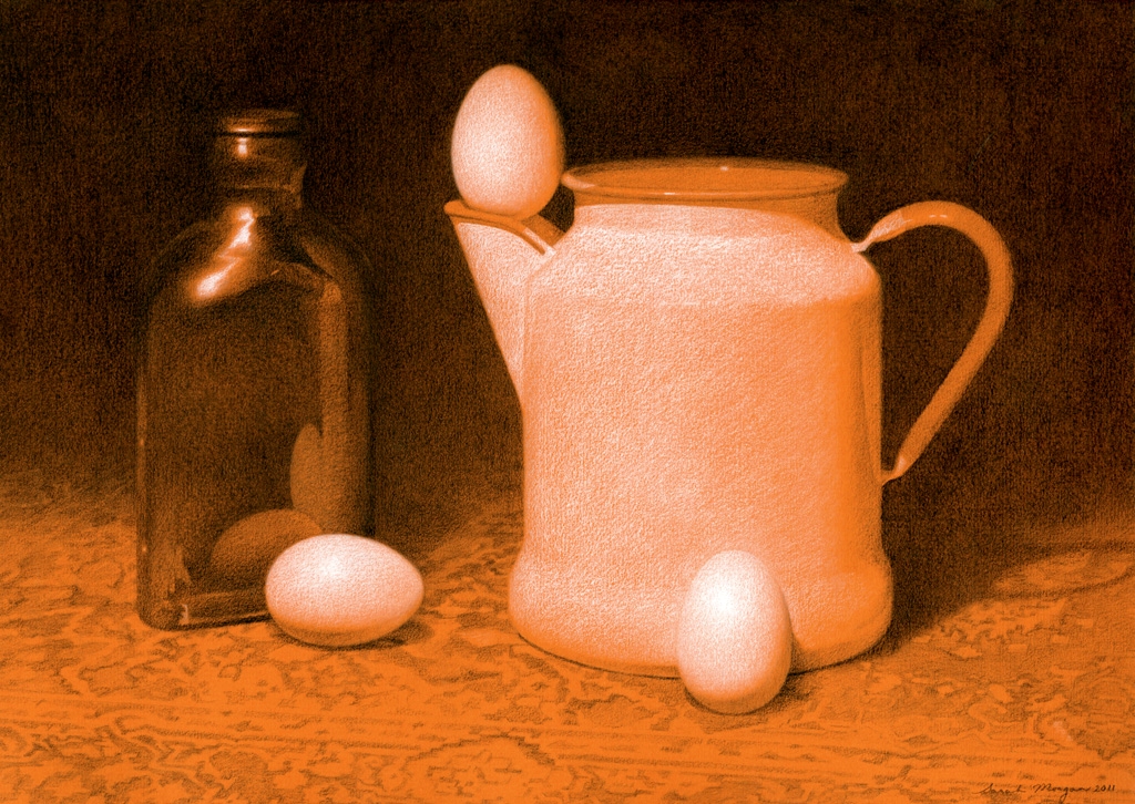Drawing, Brown Bottle, Eggs, Milk Pitcher