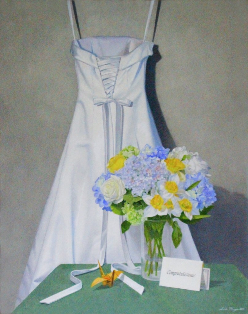 Still life painting of wedding dress, bouquet, paper crane and card