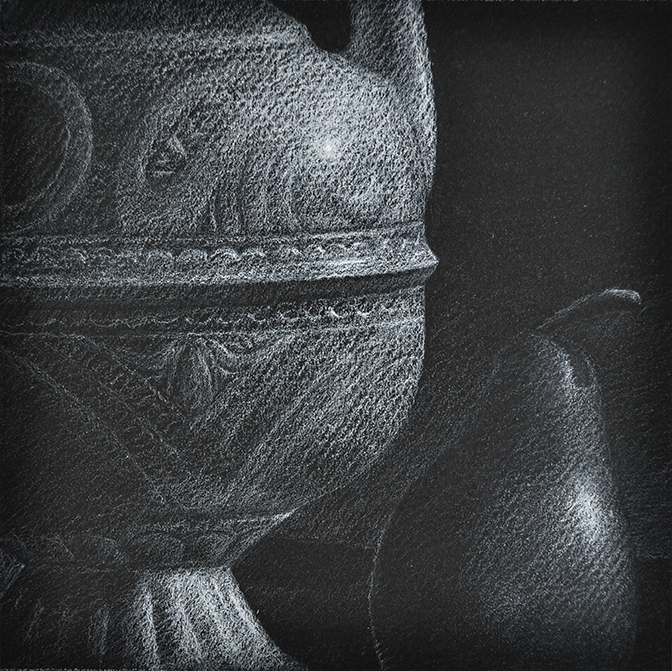 Drawing, urn and pear
