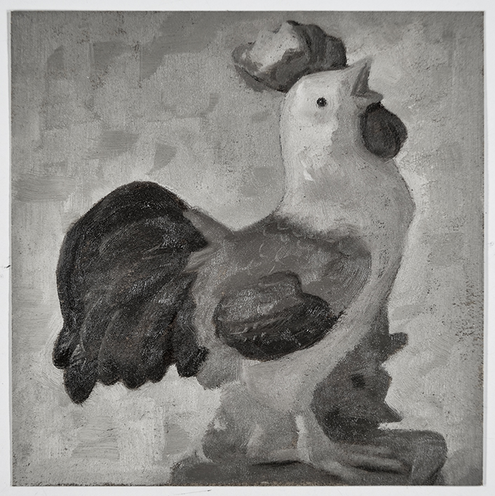 Monochrome painting of a ceramic rooster