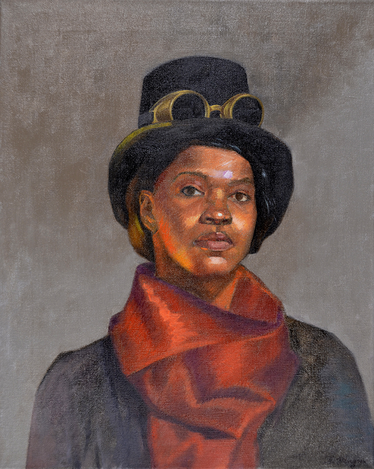 Portrait of a woman with a top hat and red scarf