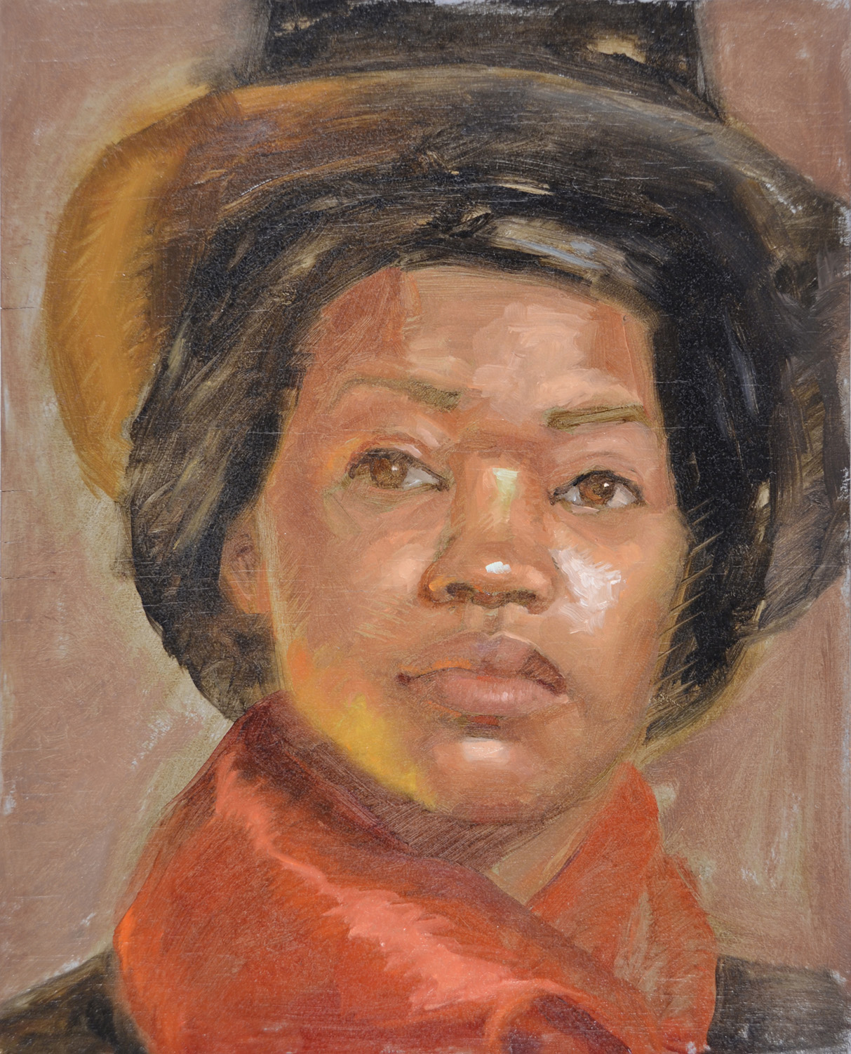 portrait of a woman with a black hat and red scarf